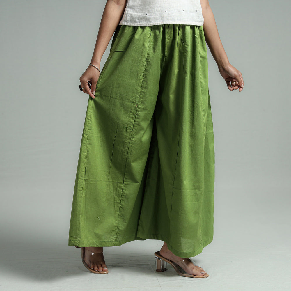 Green - Plain Dyed Cotton Flared Palazzo