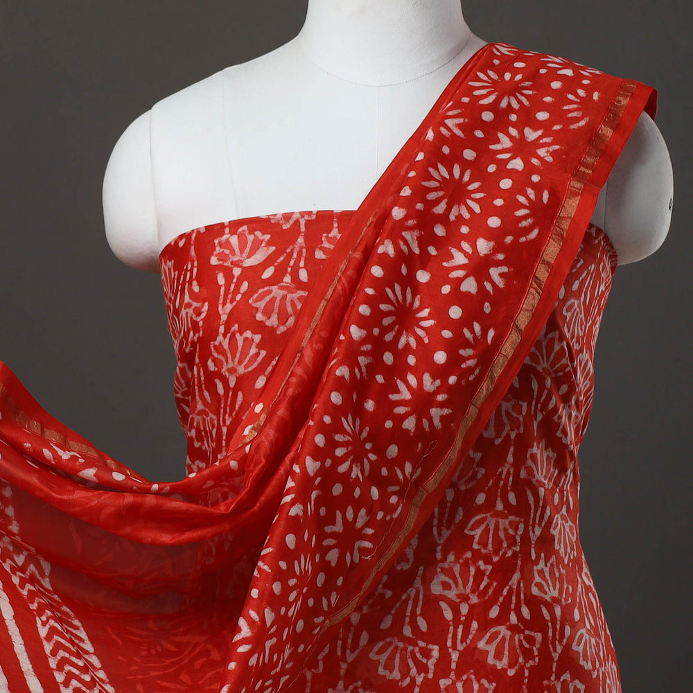 Red - 3pc Chanderi Silk Bagru Print Dress Material 02