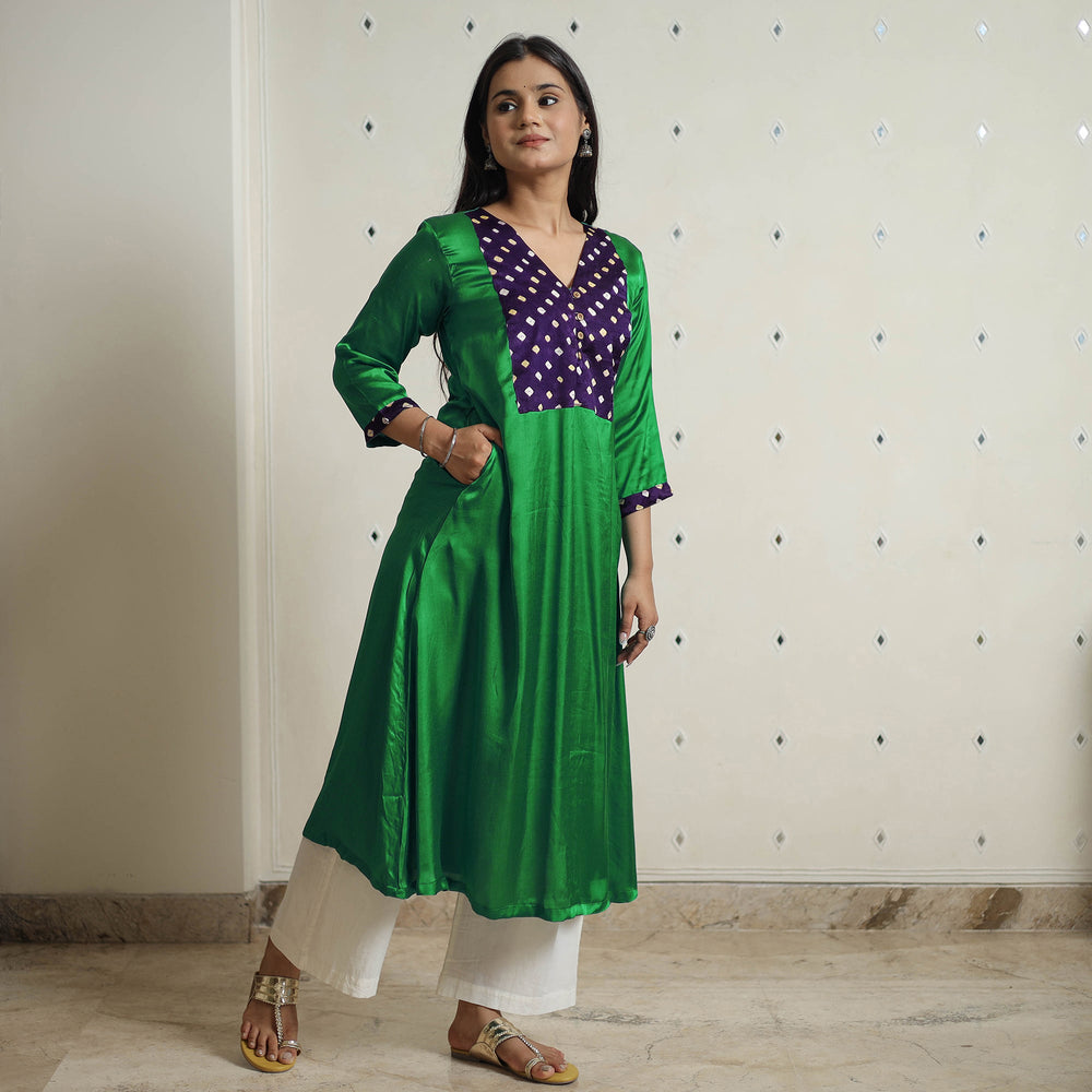 Green - Plain Modal Silk A-Line Kurta with Bandhani Patchwork 07