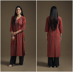 Hand Block Print Cotton Straight Long Ajrakh Kurta for Women 11