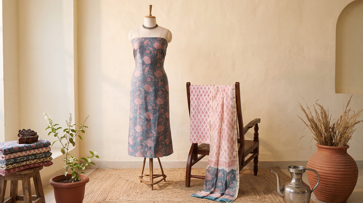 Sanganeri Hand Block Print Chanderi Silk Unstitched Dress Material Sets