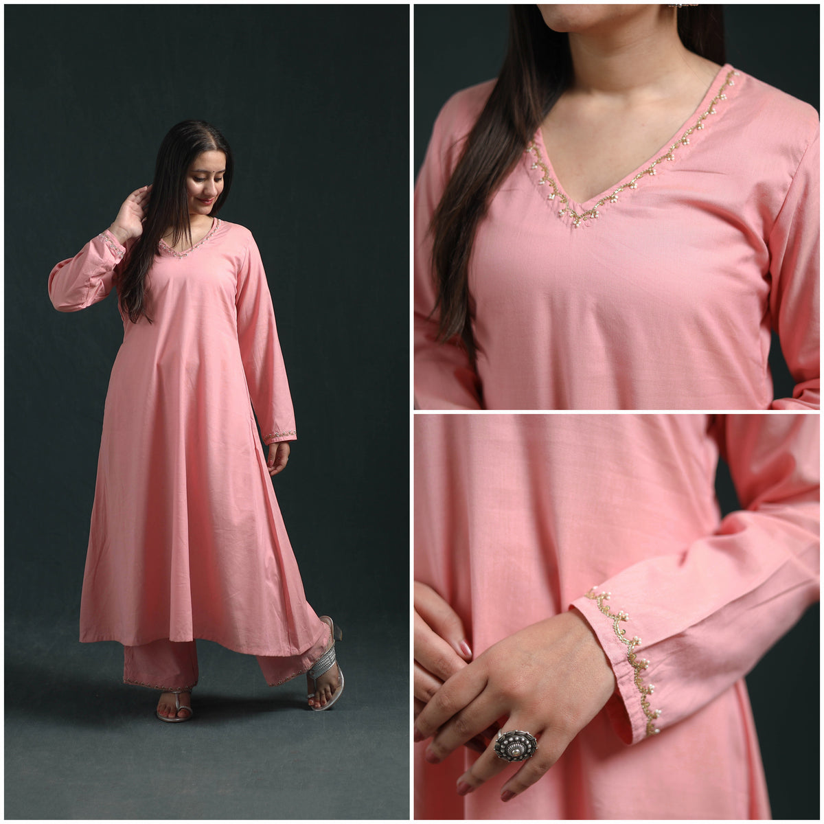 Pink - plain banana fiber soft cotton bead work a-line kurta with palazzo set for women