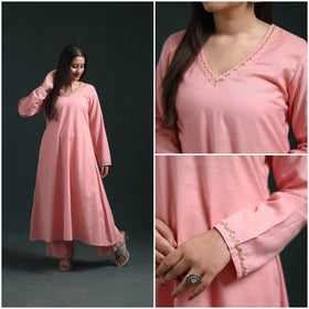 Pink - plain banana fiber soft cotton bead work a-line kurta with palazzo set for women