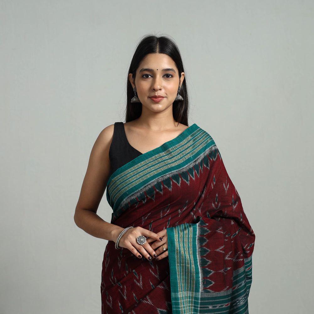 Maroon - Ikat Weave Handloom Cotton Sambalpuri Saree 13