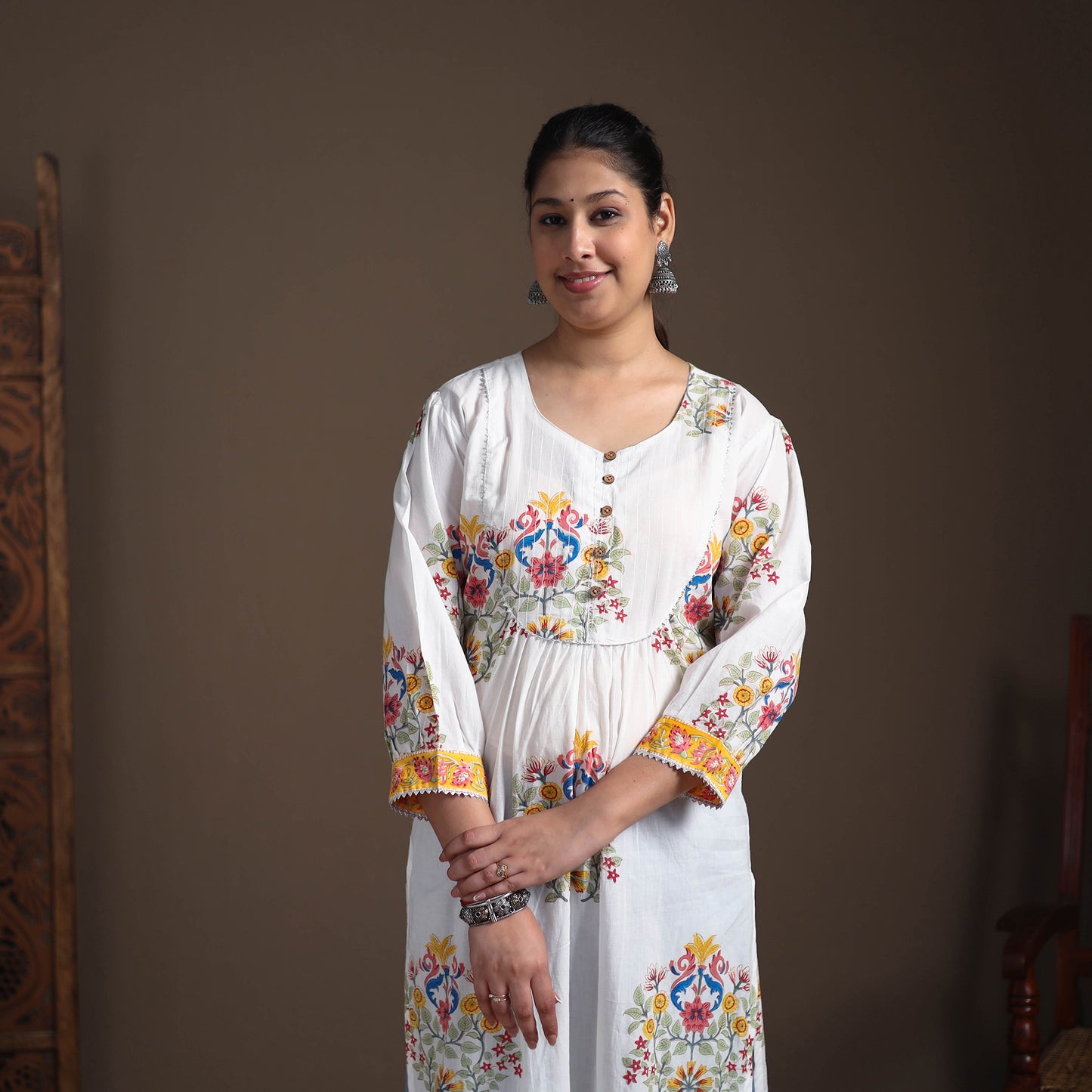 Gota Work Floral Sanganeri Block Print Cotton Straight Long Kurta for Women 07