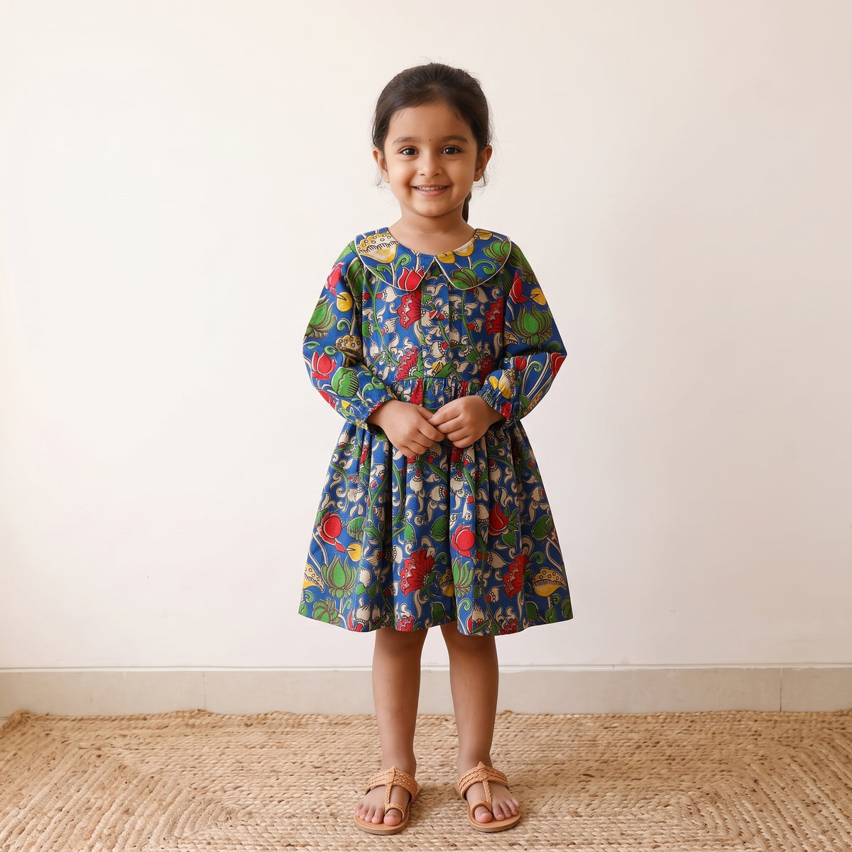 Blue - pure cotton girls frock dress in kalamkari prints