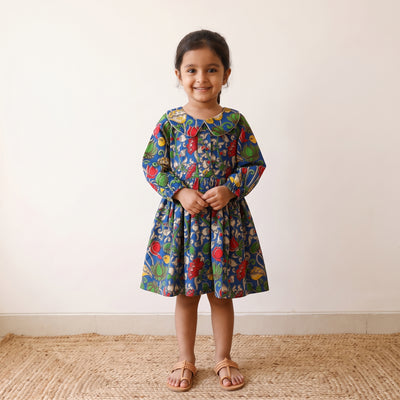 Blue - pure cotton girls frock dress in kalamkari prints