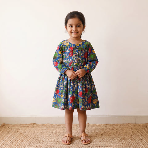 Blue - Pure Cotton Girls Frock Dress in Kalamkari Prints (3-4 Years) 43