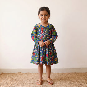 Blue - pure cotton girls frock dress in kalamkari prints