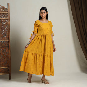 Buy Tiered Fit & Flare Cotton Yellow Jacquard Dress Online