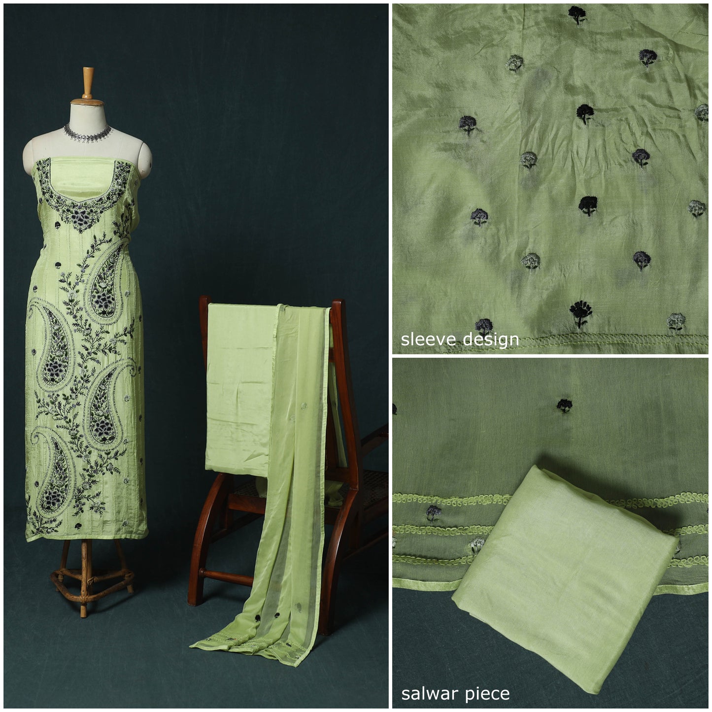 Green - Hand Embroidered Muslin 3pc Unstitched Dress Material 10