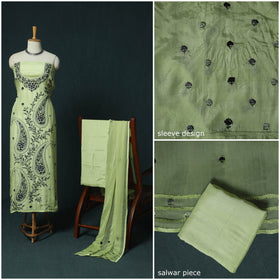 Green - Hand Embroidered Muslin 3pc Unstitched Dress Material 10