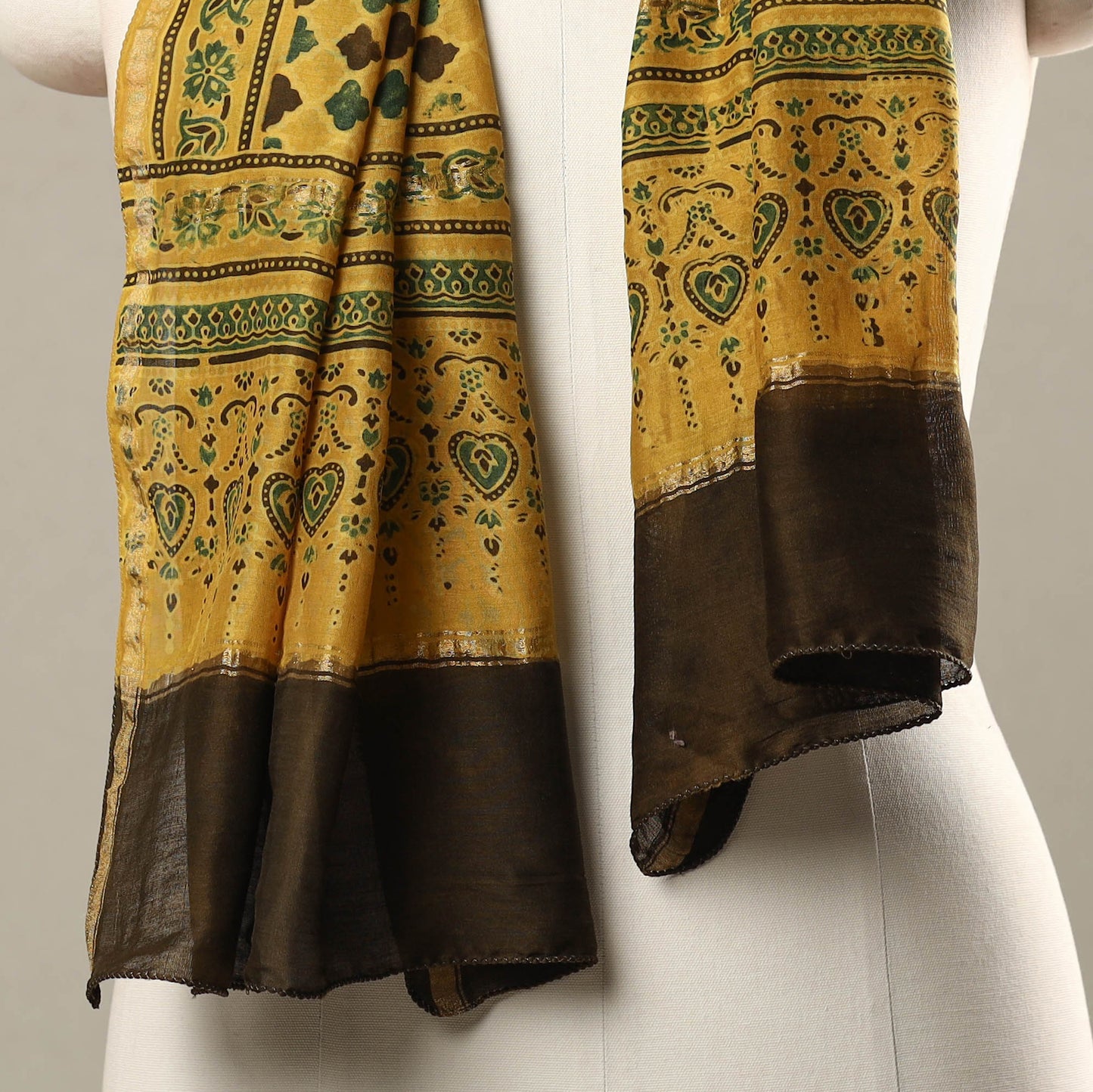 Yellow - Handloom Chanderi Silk Block Printed Ajrakh Stole 02