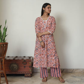 Peach - Sanganeri Block Printed Cotton Kurta with Palazzo Set 02