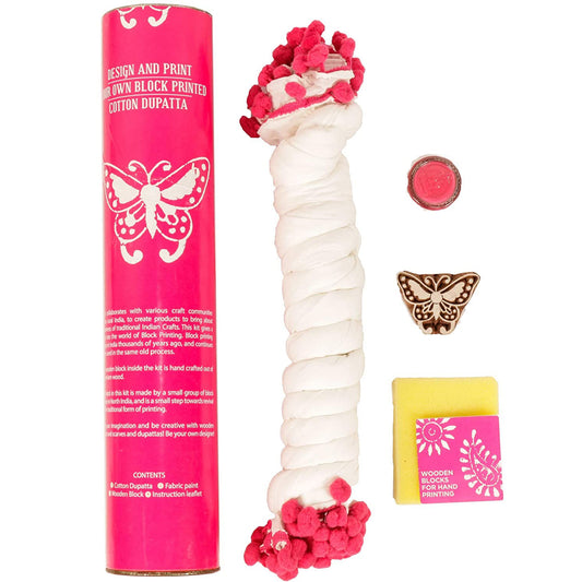 DIY Block Print your own Dupatta kit Pink Butterfly