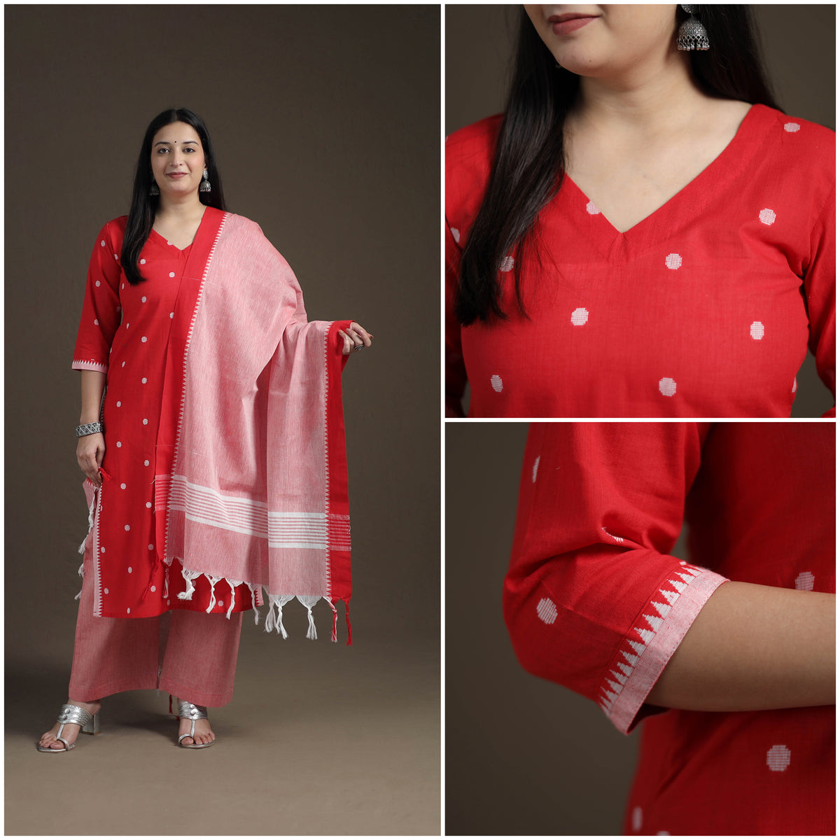 Jacquard Woven Cotton Straight Kurta with Palazzo & Dupatta Suit Set for Women 04