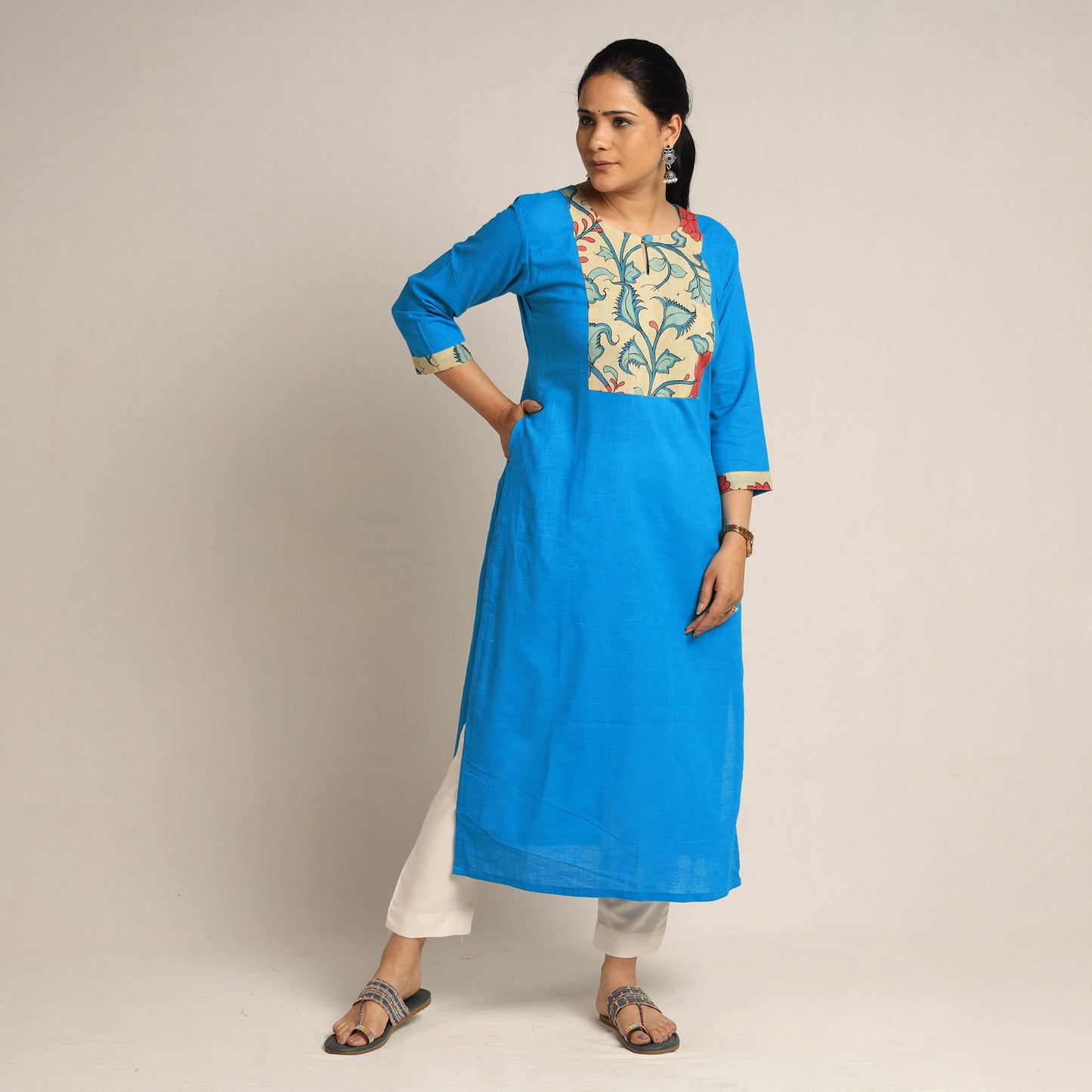 Deep Sky Blue - Srikalahasti Kalamkari Patchwork Plain Cotton Long Straight Kurta