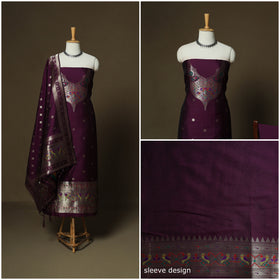 Purple - Bangalore Silk Paithani Weave 3pc Unstitched Dress Material Suit Set 03