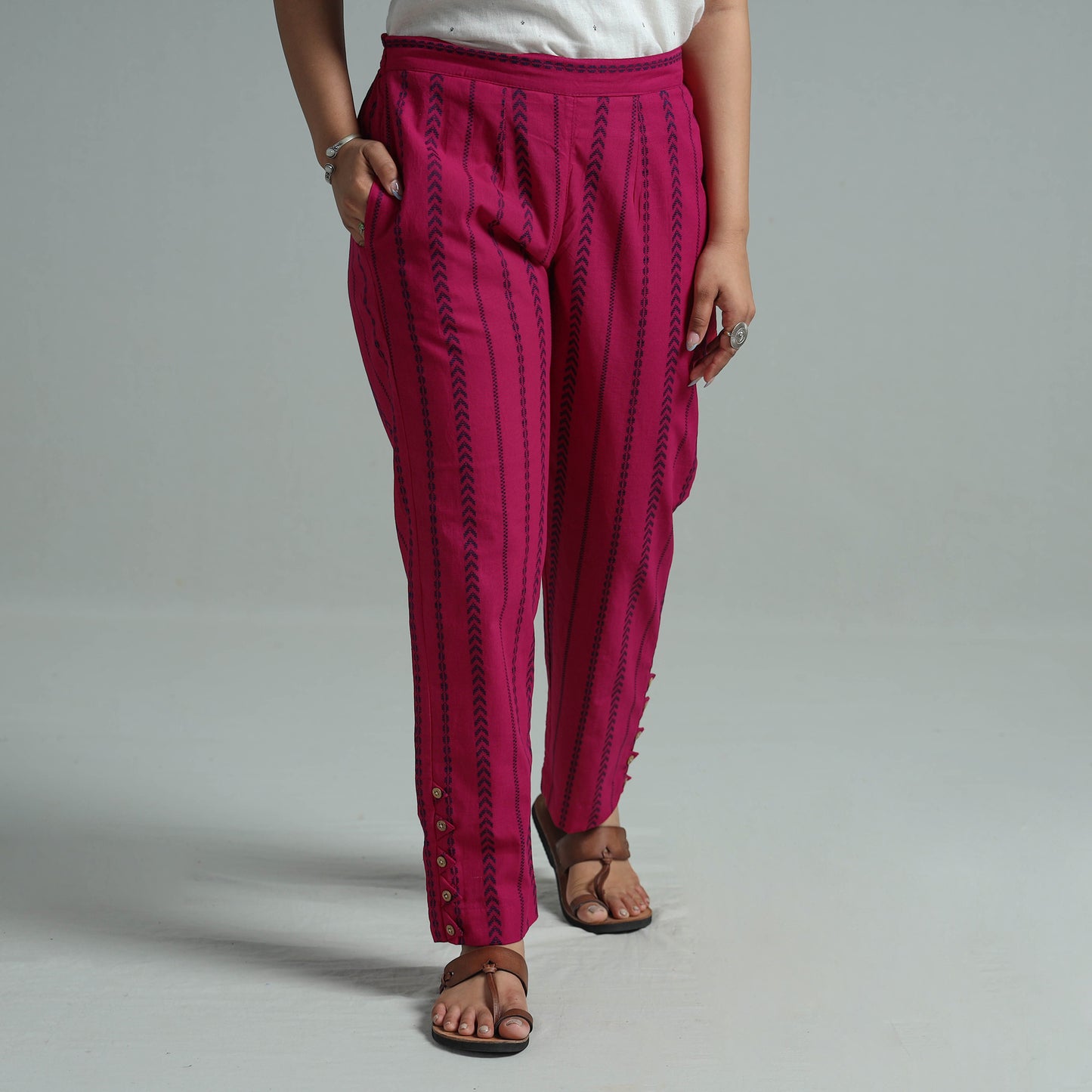 Pink - Jacquard Weave Cotton Elasticated Pant 05