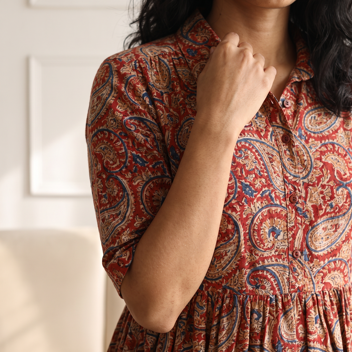 Pedana Kalamkari Hand Block Print Cotton Flared Long Dress for Women 01