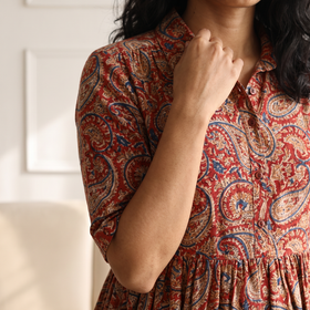 Pedana Kalamkari Hand Block Print Cotton Flared Long Dress for Women 01