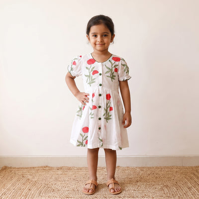 White - pure cotton girls frock dress in sanganeri floral