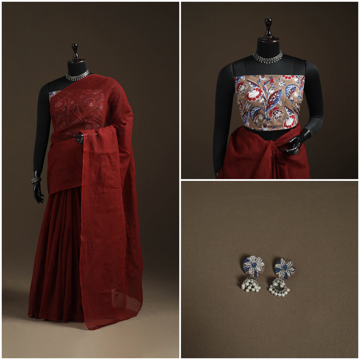 Maroon - Nazaakat Kota Doria Cotton Plain Saree with Blouse Piece & Earrings 22