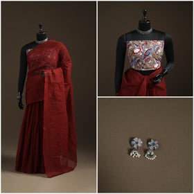 Maroon - Nazaakat Kota Doria Cotton Plain Saree with Blouse Piece & Earrings 22