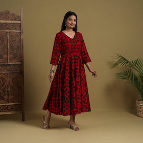Buy Red Flared Cotton Batik Print Dress Online 