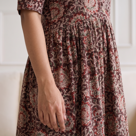 Pedana Kalamkari Hand Block Print Cotton Flared Long Dress for Women 04