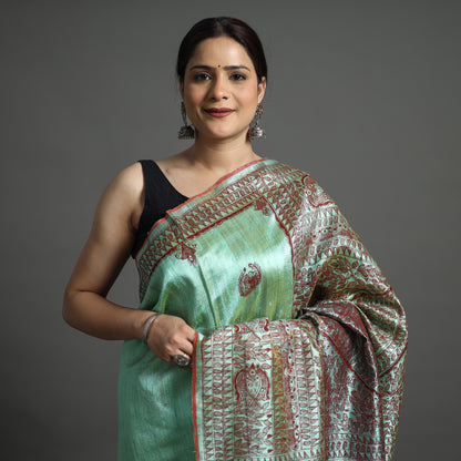 Green - Traditional Madhubani Handpainted Tussar Ghicha Silk Saree 03