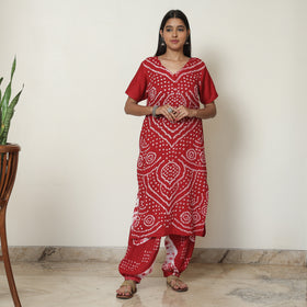 Red - Bandhani Tie-Dye Cotton Kurta with Afghani Salwar & Dupatta Set 01