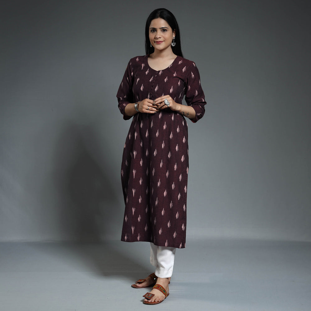 Maroon - Pochampally Ikat Weave Cotton Long Straight Kurta