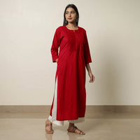 Maroon - Plain Cotton Pintuck Long Kurta 21