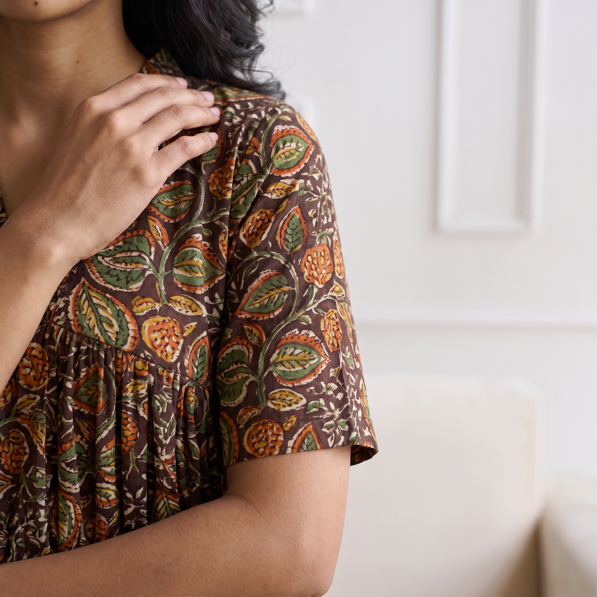 Pedana Kalamkari Hand Block Print Cotton Flared Long Dress for Women 07