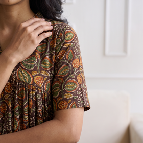 Pedana Kalamkari Hand Block Print Cotton Flared Long Dress for Women 07