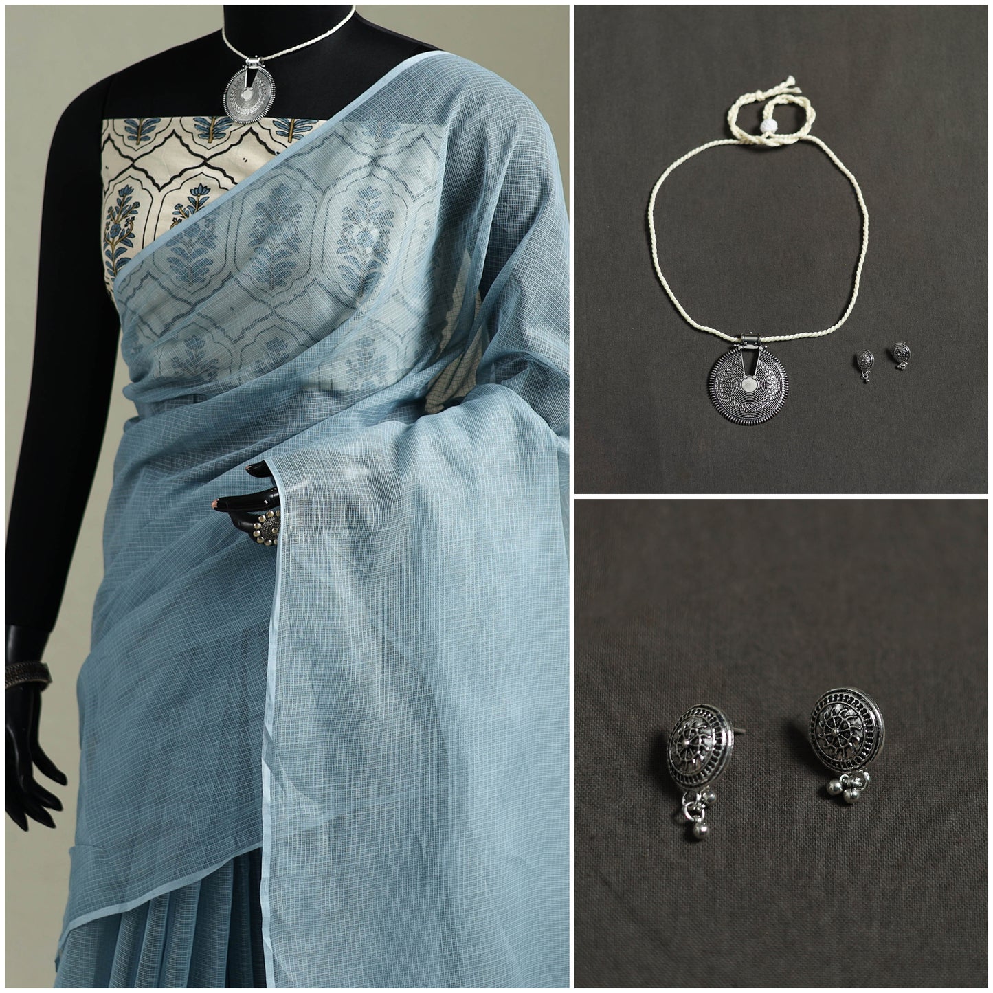 Blue - Nazaakat Kota Doria Cotton Plain Saree with Blouse & Jewellery Set 31