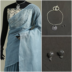 Blue - Nazaakat Kota Doria Cotton Plain Saree with Blouse & Jewellery Set 31