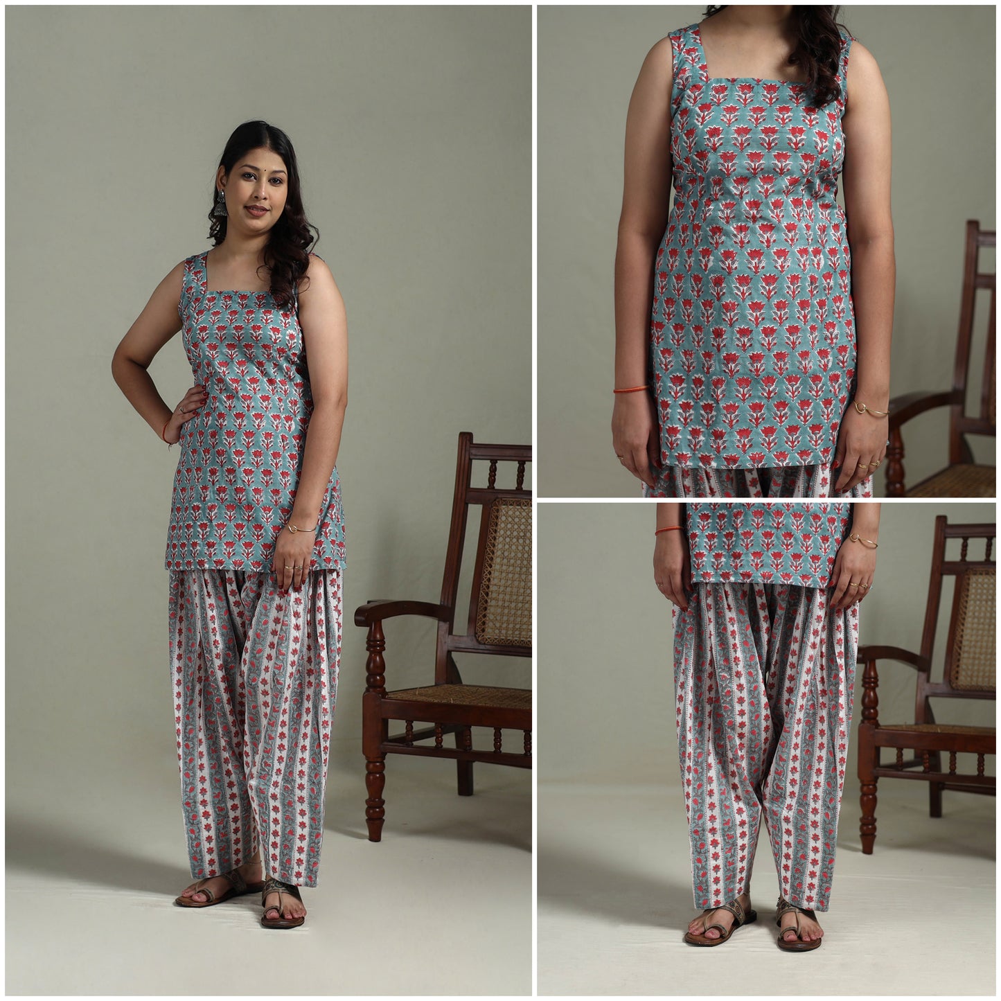 Sanganeri Hand Block Print Cotton Short Kurta with Farshi Salwar Set for women 07