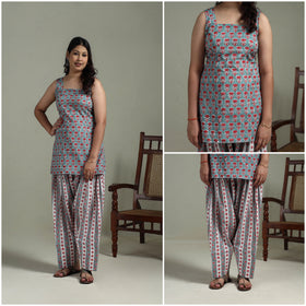 Sanganeri Hand Block Print Cotton Short Kurta with Farshi Salwar Set for women 07