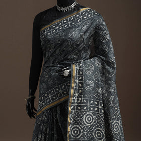 Grey - Chanderi Silk Hand Block Print Bagru Saree with Zari Border 16