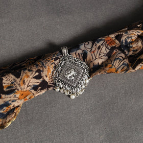 Black Block Print Chanderi Silk Pendant Necklace Scarf