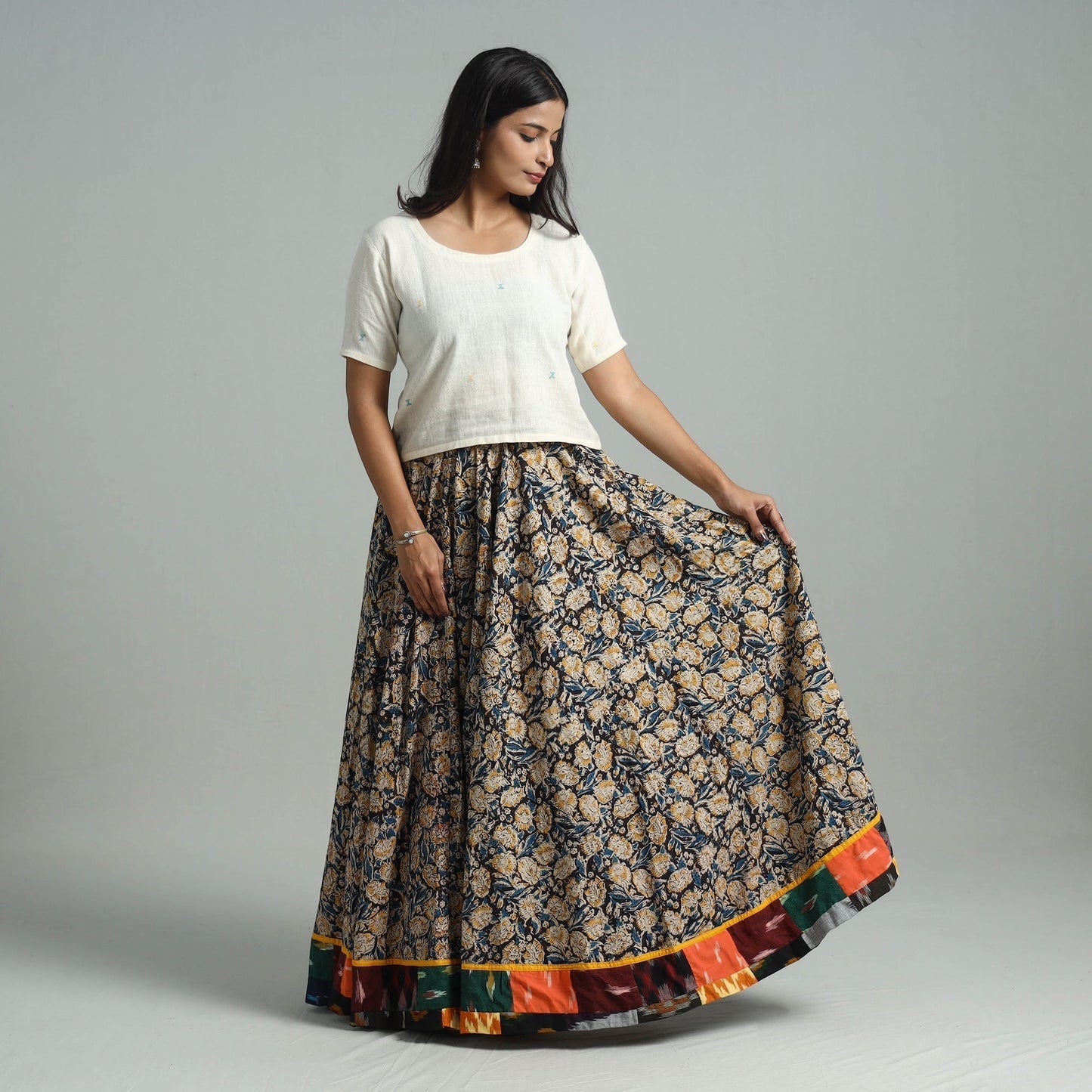 Multicolor - hand printed cotton long kalamkari skirt 13