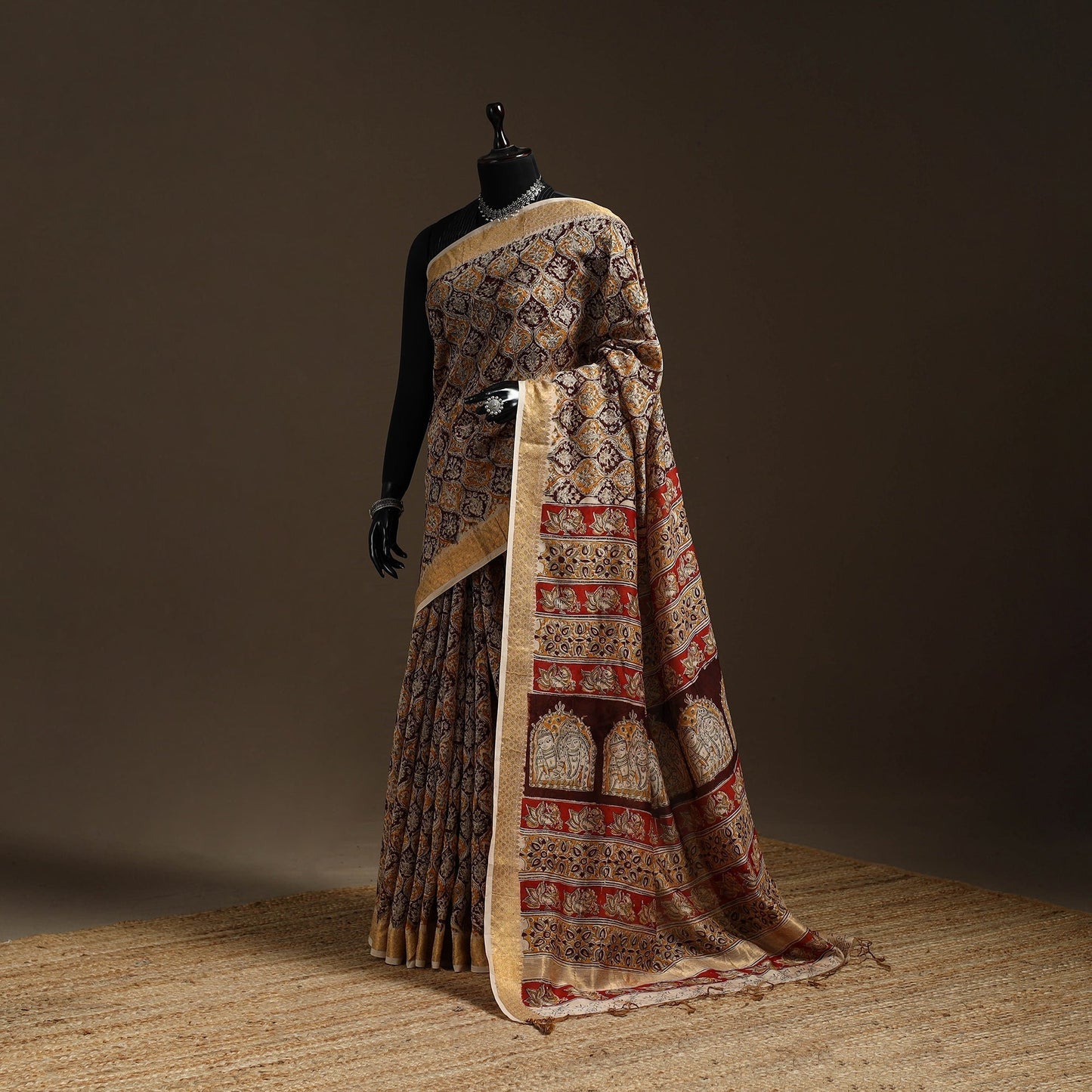 Brown - natural dyed pedana chanderi silk kalamkari saree