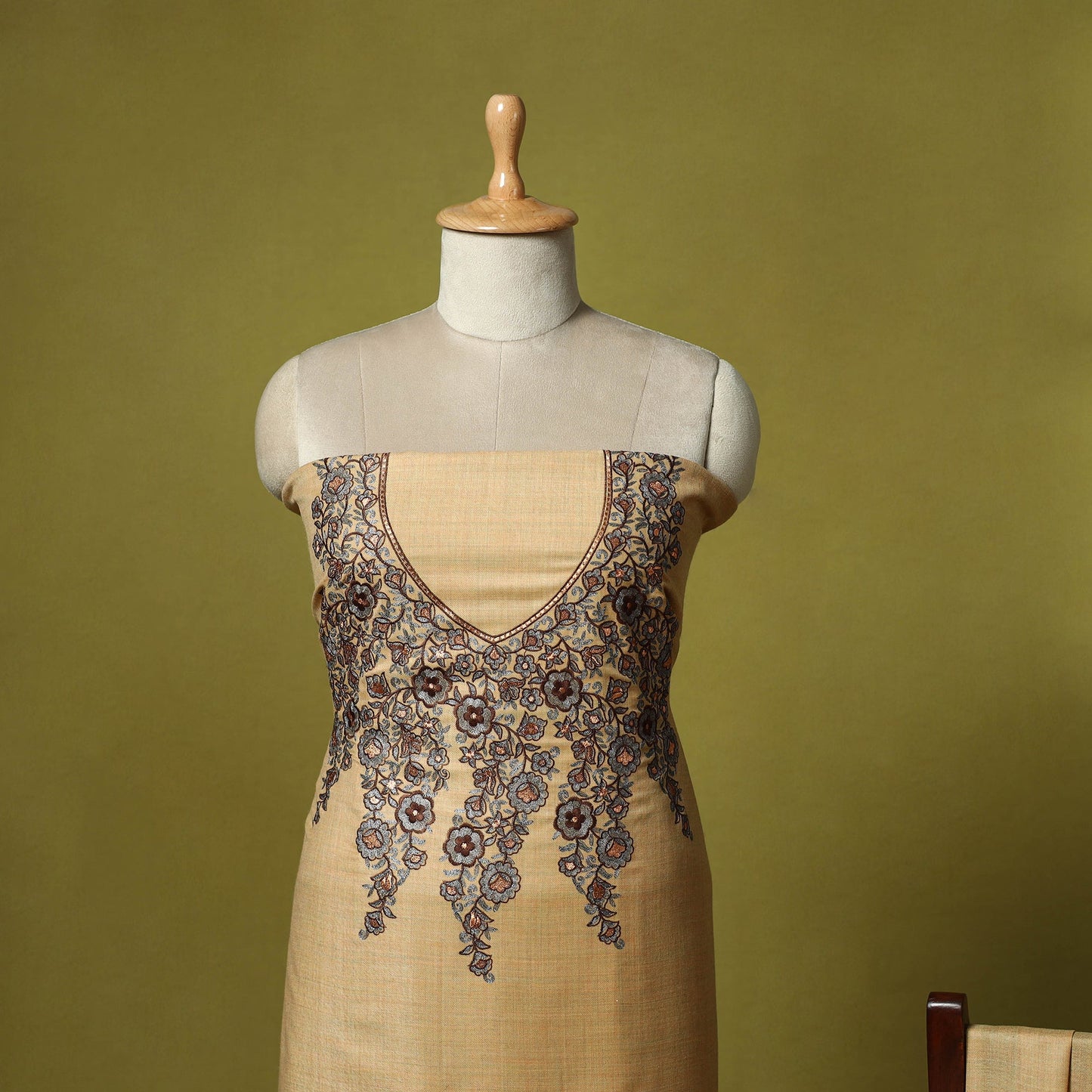 3pc chain stitch embroidered merino wool unstitched dress