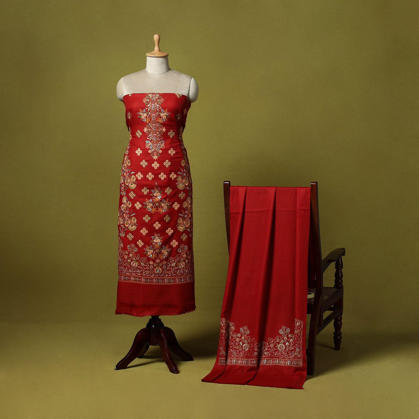 3pc chain stitch embroidered merino wool unstitched dress