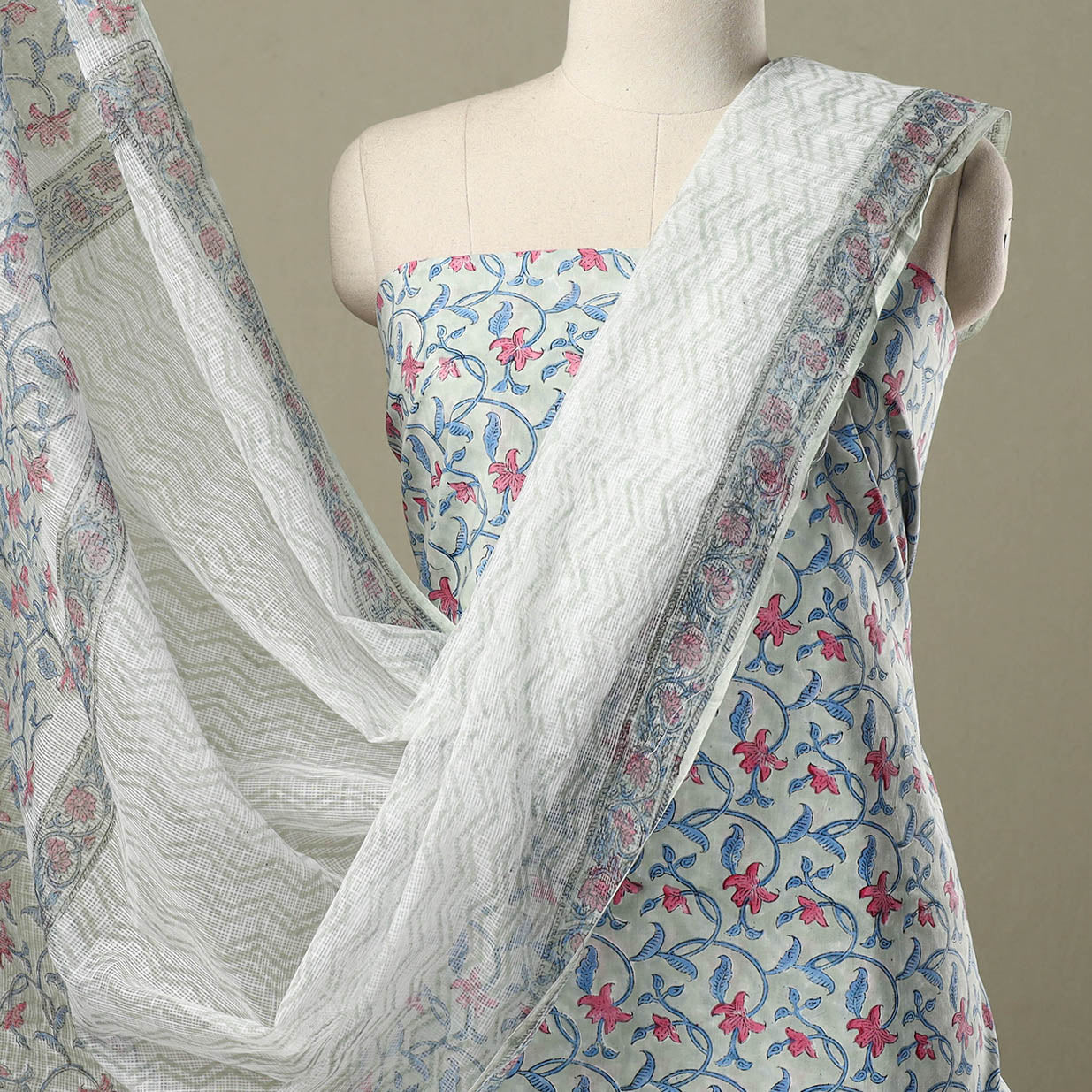  3pc Block Print Cotton Sanganeri Dress Material