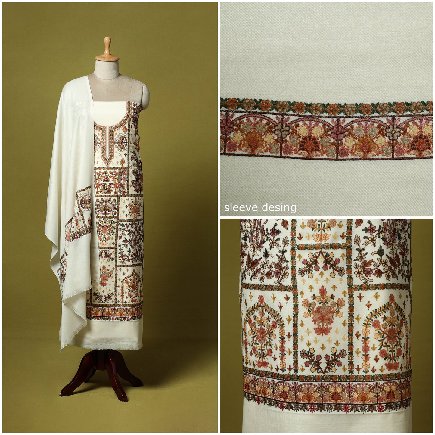 3pc heavy chain stitch embroidered merino wool unstitched