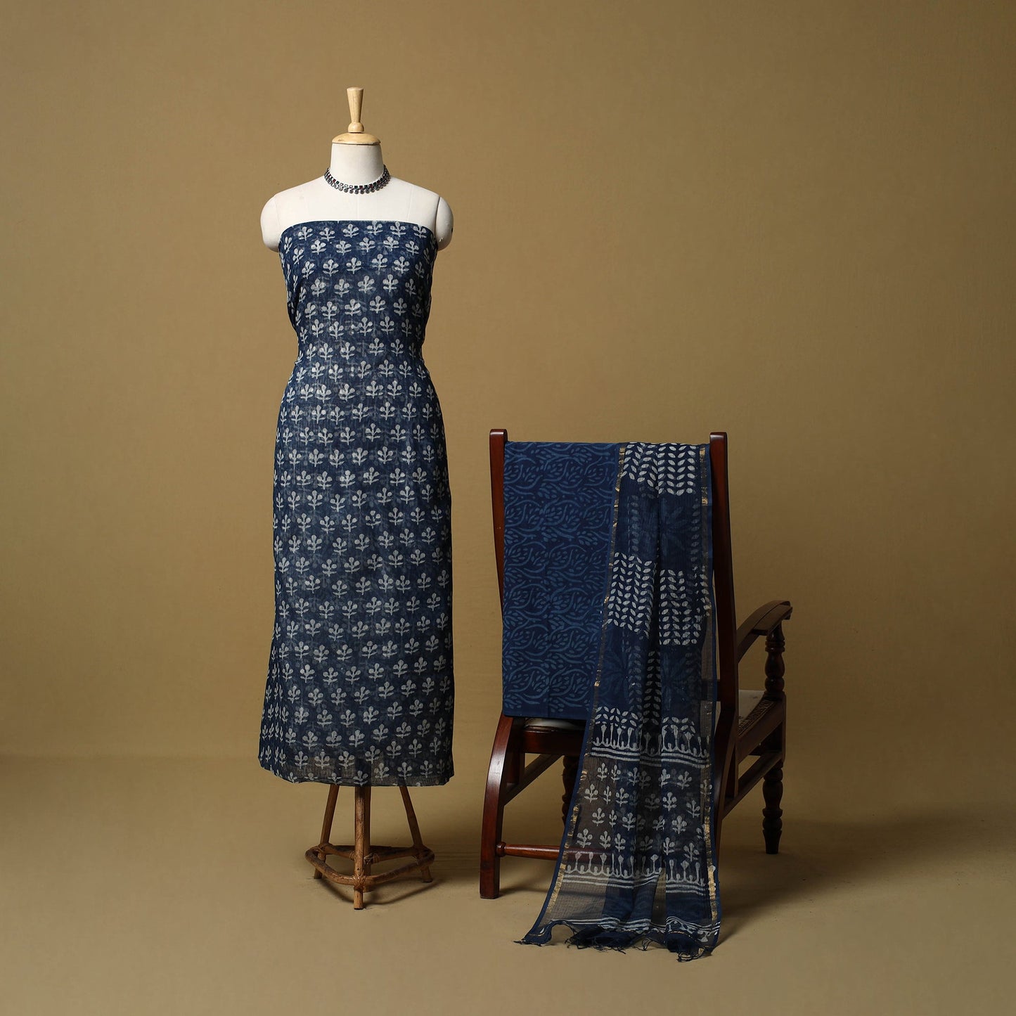 3pc kota doria cotton indigo bagru unstitched dress