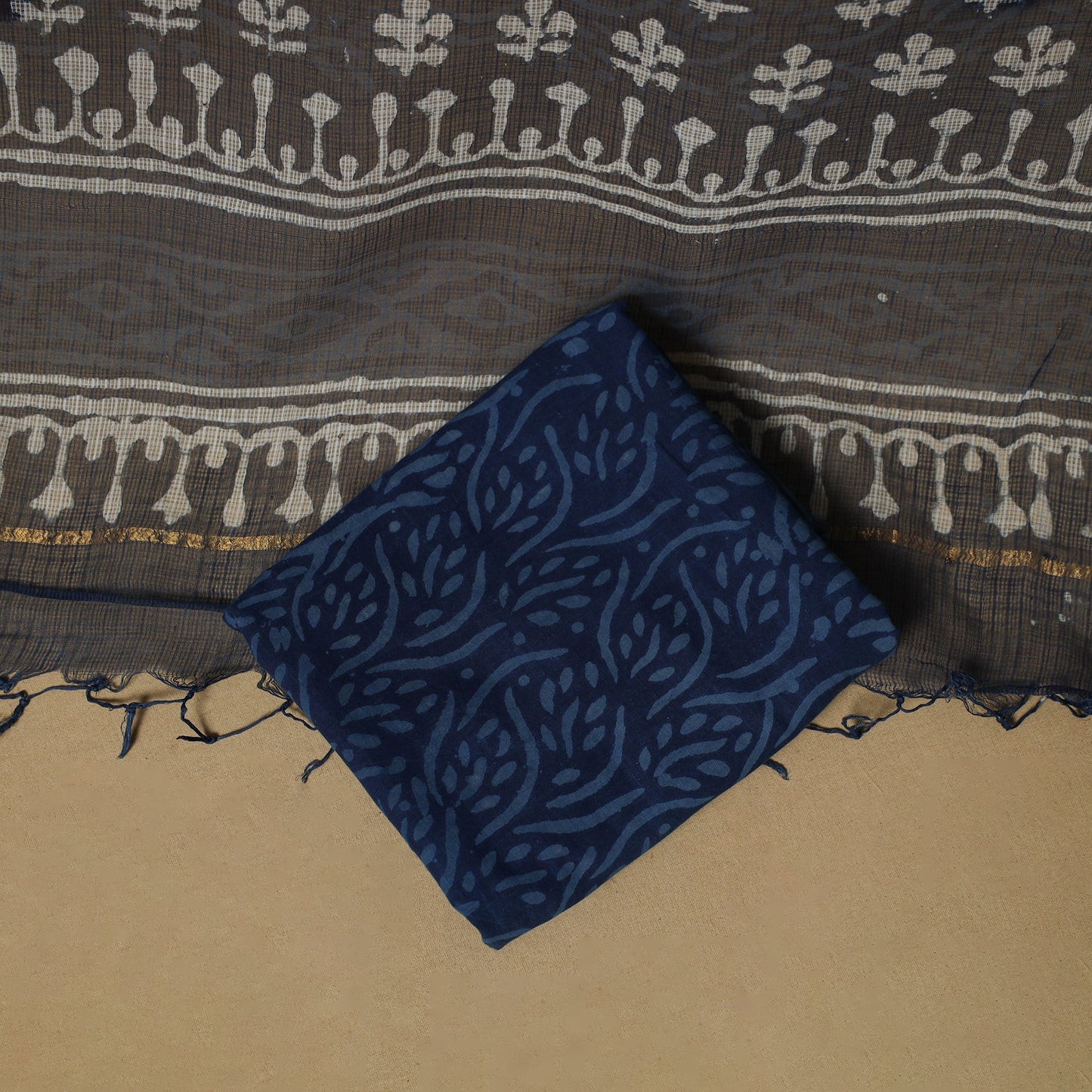 3pc kota doria cotton indigo bagru unstitched dress